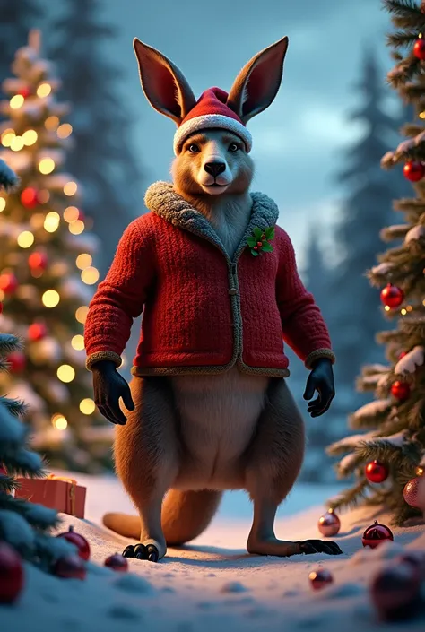 Make a very masculine kangaroo, Christmas and realistic
Higher Christmas higher much more Christmassy
Much more Christmassy and with Christmas clothes