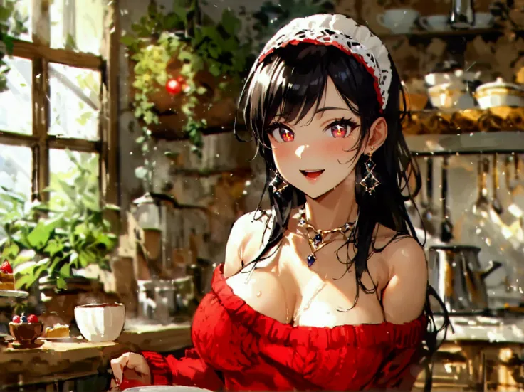  masterpiece, 1girl, Amazing Cleavage:1.3, thin waist, big ass, Raised sexy, medium breast:1.3,posed cleavage:1.2,solo, looking at viewer, open mouth, have a cup of coffee,black hair, red eyes, dress, bare shoulders, jewelry, collarbone, sidelocks, hairban...