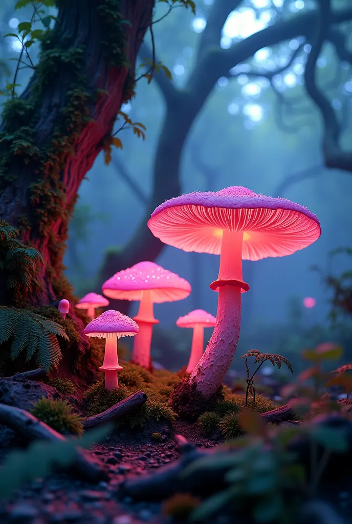 a close-up view of magical mushrooms, glowing neon mushrooms growing on trees in a lush forest, detailed visuals, hdr, 8k unreal...