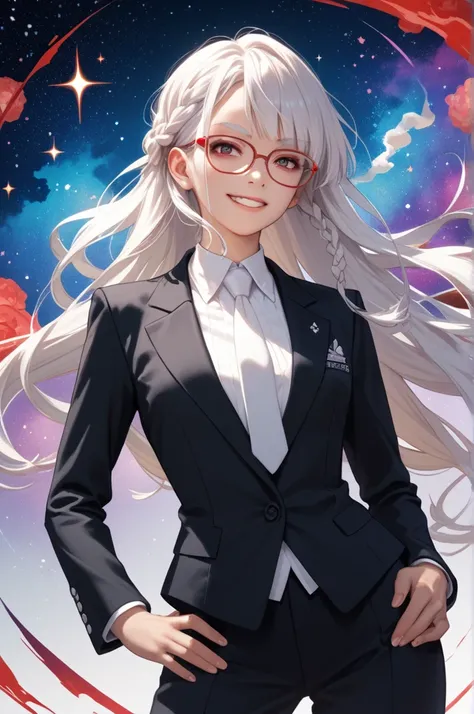 1girl,Seiko Ayase,  posing with his hands on his hips,  galaxy background , cigarette in his mouth, mischievous smile, adult woman,  white hair,  long white braid , red glasses, short white eyebrows ,  long hair , elegant suit,  black suit with white tie, ...