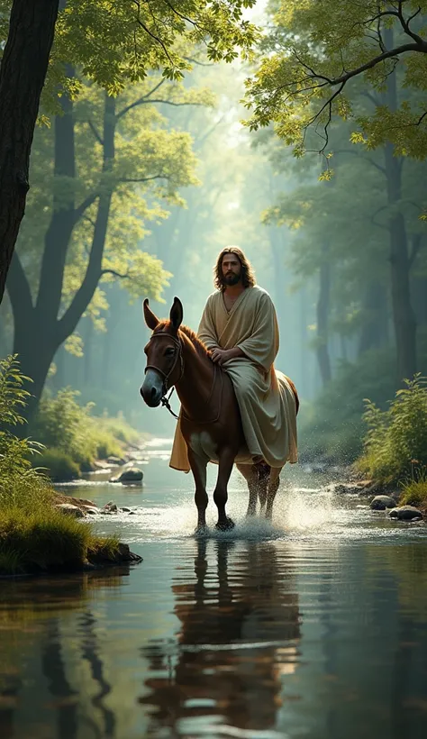 An image of Jesus riding a donkey crossing a river in the woods as realistic as possible 