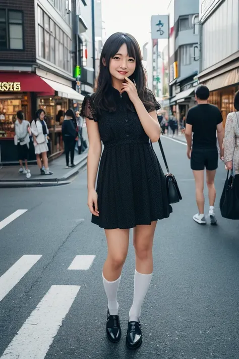 1japanese girl, dress, socks, flats, long hair, bang, black hair, hand bag, smile, standing, in street of harajuku, BREAK, full body shot, BREAK, (masterpiece, best quality:1.4), (8k, raw photo, photorealistic:1.2), ultra high res, detailed skin, detailed ...