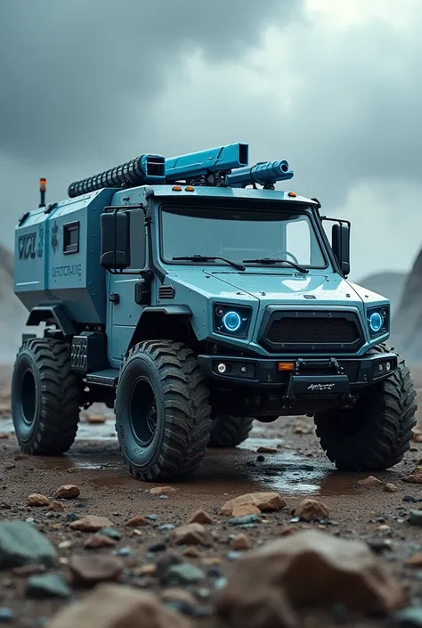 Truck with door on the side equipped with 20 blue electric water guns 