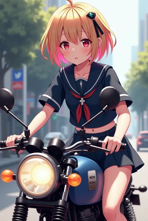  light blond bronze hair 、Red eyes、 College Student 、Ride a motorcycle 、 No Emotion、Pink inner hair color、Short dark blue sailor suit with short sleeves 、 black hairpin 、Ahoge