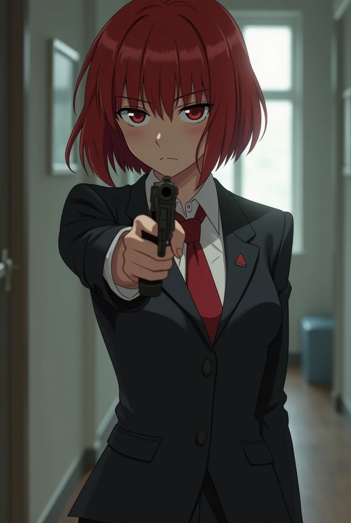  Adult woman short red hair formal clothing of an agent, cold and focused expression pointing a gun towards the ground , , that is, down as if you were stepping on someone there to kill and looking at them in a cold and apathetic way about to shoot to kill...