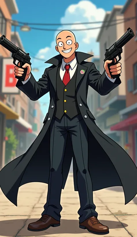 anime, bald, long coat, two pistols, Pateta, smiling, Funny,  full body .