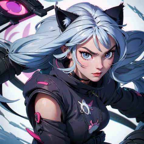 Woman cat, cat ear, grey hair, evil face, bigbreast, cat tail