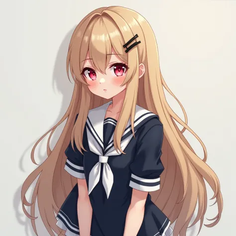 Light blond long bronze hair、Red eyes、 College Student 、Ride a motorcycle 、 No Emotion、Pink inner hair color、Short dark blue sailor suit with short sleeves 、 black hairpin 、Ahoge、 mature