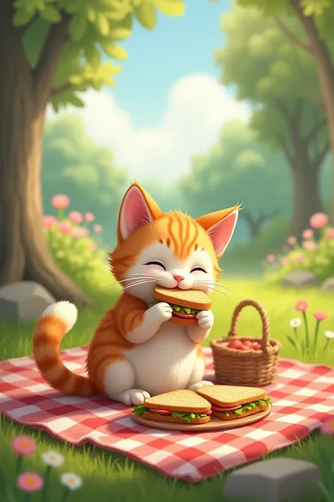 Cat having a picnic eating a sandwich 