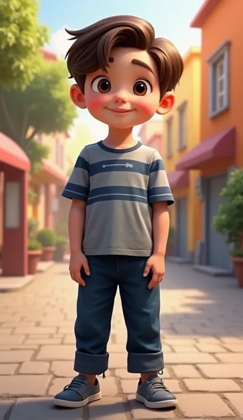 A boy 12-year with brown hair wears a gray shirt with dark blue stripes, dark blue pants, and gray shoes Disney Pixar