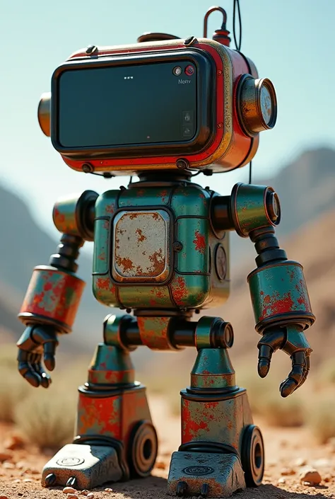  A totem charger for a smartphone ,  in the shape of a robot ,   made of paint cans , realistic , 3d, colorful ,  with a 19-inch monitor on the head,   shaped like a smartphone  