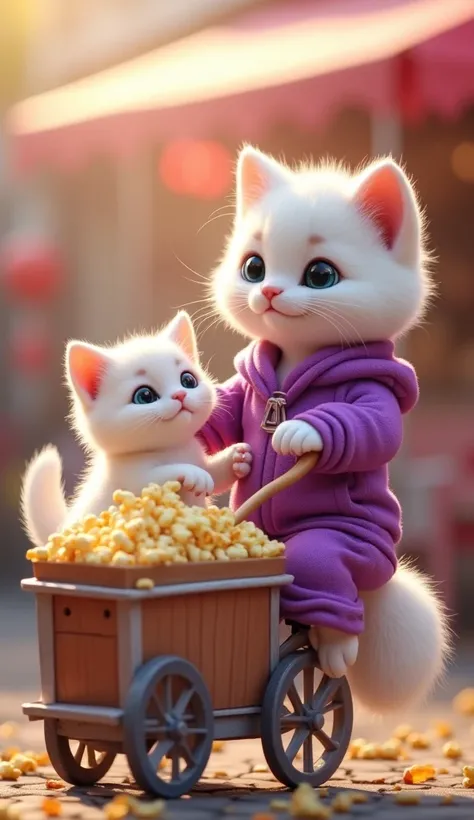 cute white fur kitten, very cute popcorn seller wearing purple clothes, sitting on a popcorn cart bike, many popcorn bags on his cart, the atmosphere in the scene is cinematic and trendy,