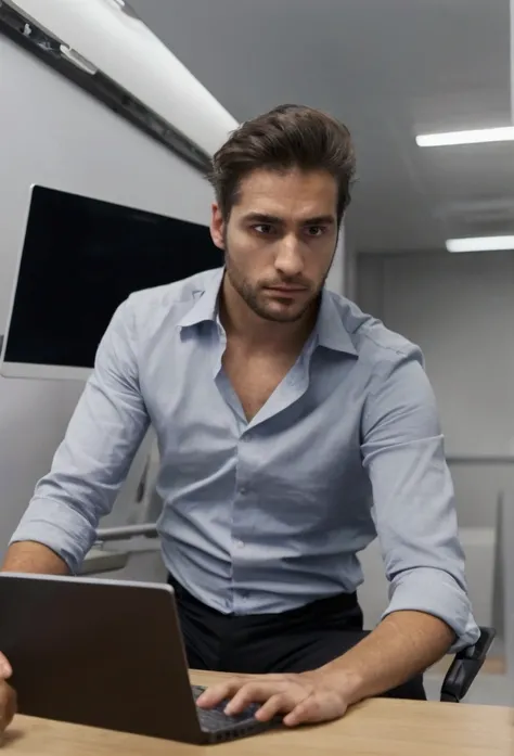 A man sitting in a small business establishment with his right hand on his head with a tired and fustrated face staring at his labtop with flying responsibilities of a virtual assistant in the air