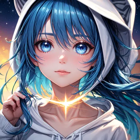 ( face focus),  1 girl,  blue hair ,  side tail,  beautiful eyes,  White Hoodies ,  Shine,  Side Lighting ,  wallpaper, night sky