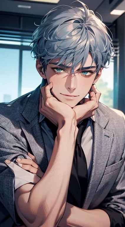 (Highest quality,4K,8K,High resolution,masterpiece:1.2),Super detailed,(Realistic,photoRealistic,photo-Realistic:1.37),1 personld,Mature Men,Beautiful skin、very handsome,Expressionless smile in love,Short gray blue hair,green eyes,Sharp Eyes,A perfect face...