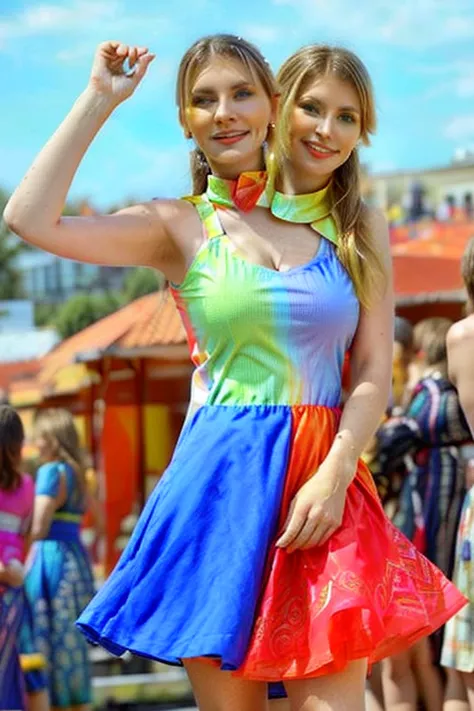 there are two women standing together in a dress,  vestido colorful ,  multicolored ,  colorful clothes , colorful fashion, full...