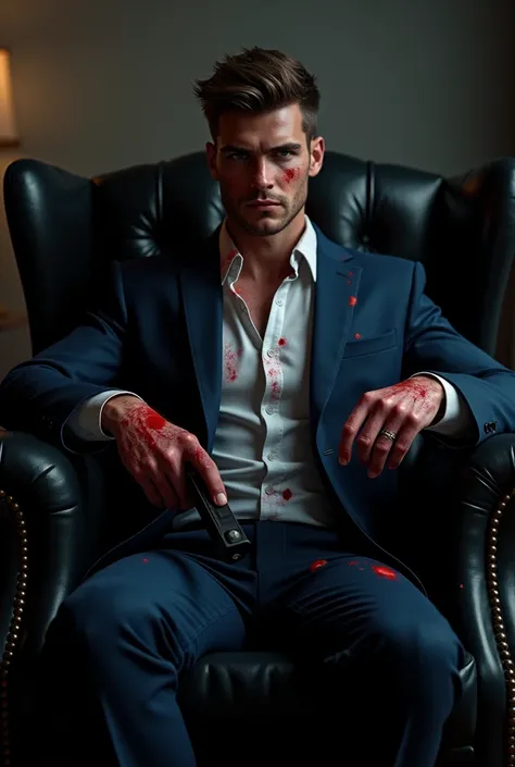 Make me an image that looks real, dark and exact, in a dark room, in a black leather armchair, the furniture because a 26-year-old man sits in black, brown hair, blue eyes, blue eyes, white skin, has muscles, he wears a suit, a dark blue suit and nutrition...