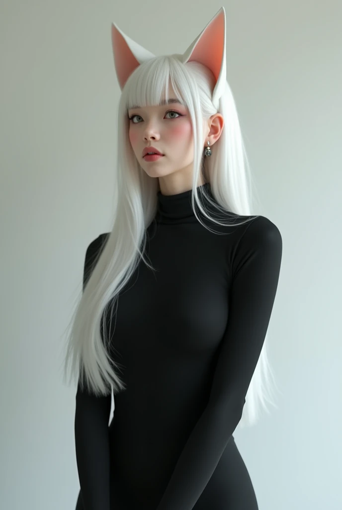 long white hair, black shirt, thin black pants, cat ears, 30 year old woman