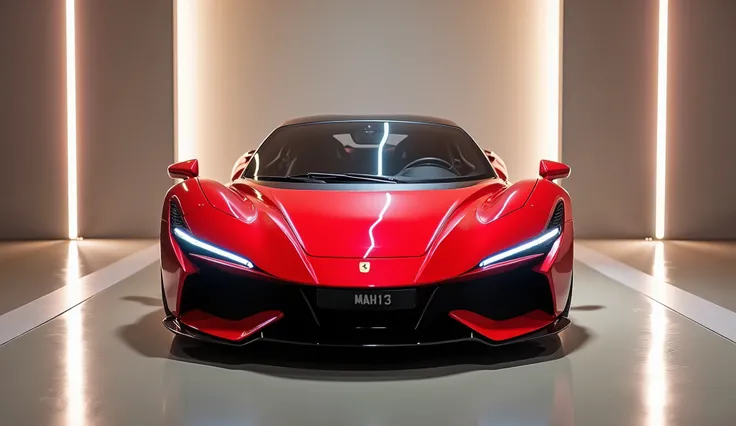 A photo of a red color  2025 Ferrari SF 90. parked in the middle of a bright, modern gallery with smooth, reflective floors. The car is displayed from the frint . the tube lights light are reflecting on the car and makings line on the car. The gallery has ...