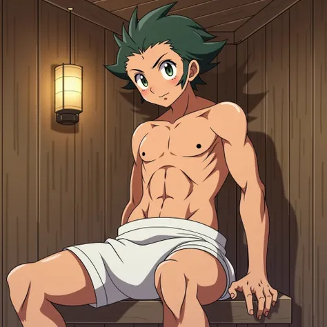 raihan from the pokemon series, stitting in a sauna, towel around waist, erection, anime style