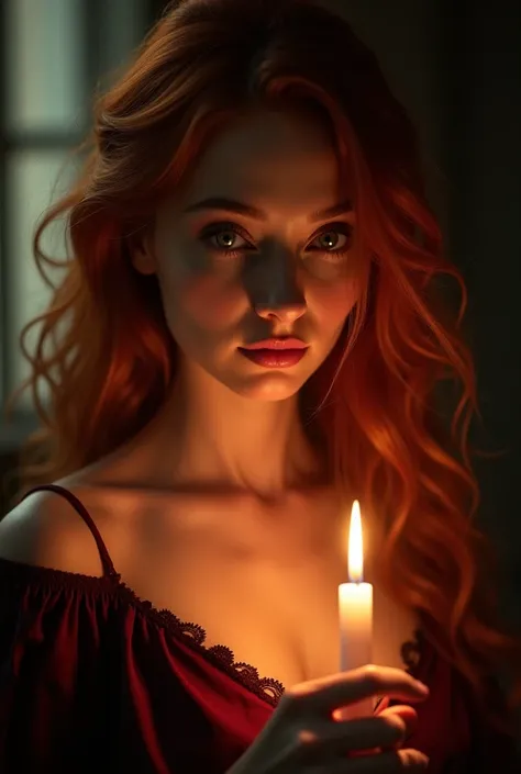 Face of a red-haired woman with a candle in the dark dressed in burgundy