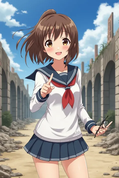 Brown Hair　 female middle school student　deserted ruins background　anime　Japan　Brown eyes　smile　Point your finger in front　 standing　 white sailor suit　whole body　Hold glasses in your left hand