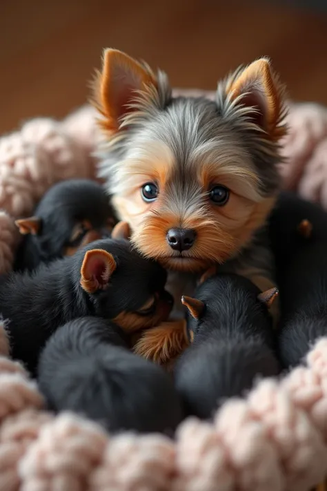 10 newborn Yorkie dogs and their mom