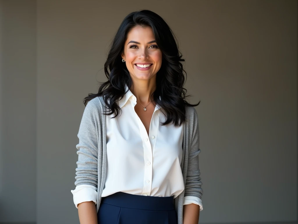 A 38-year-old Latina woman with medium-length wavy black hair and brown eyes, wearing a white blouse with rolled-up sleeves, a navy blue pencil skirt, and a light gray cardigan. She has a medium skin tone and an average build, smiling kindly. Created Using...