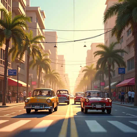  People and cars on the street in motion, in the morning, on such a bright day . 3D style disney