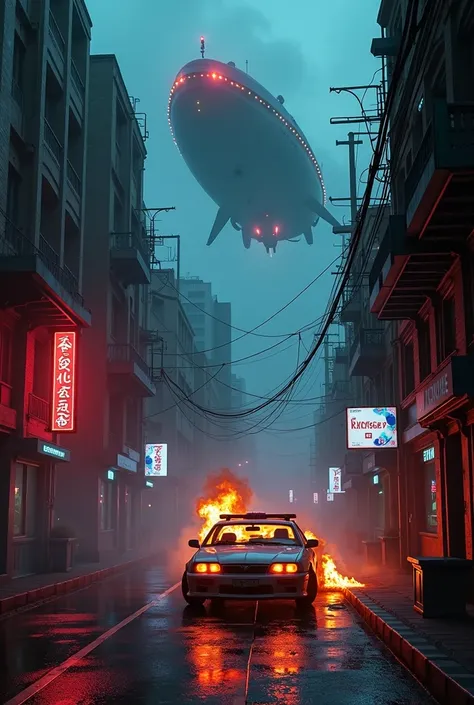  A police car burns in a lonely alley illuminated by neons.  A large ship appears in the sky . Black-style scene .  Inspired by the movie Blade Runner . 