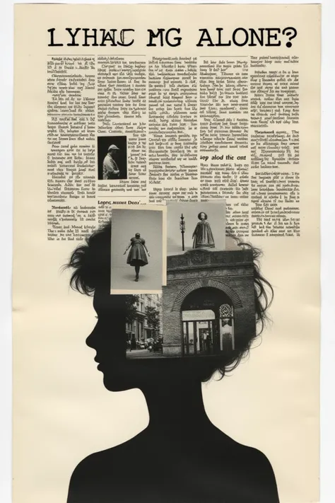  makes a collage of images and clippings from newspapers or magazines ,  related to the difference between being alone and feeling alone ,  this has the title above the sheet and a silhouette of a persons head at the bottom, The sheet is vertically 