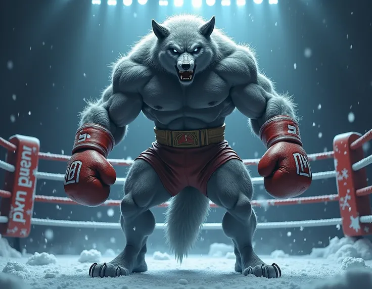  A hybrid of a gray wolf and a muscular human, his fur-covered arms flexing with every breath. His powerful hands, wrapped in glowing red-and-white boxing wraps, end in sharp claws. His torso is thick and battle-scarred, with each muscle sharply defined un...