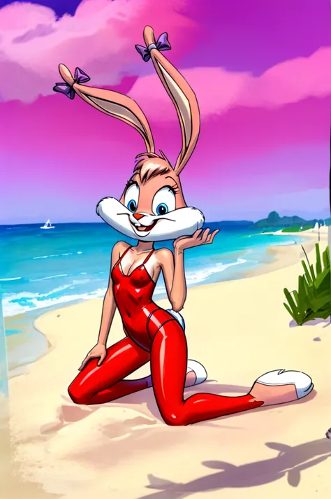 rabbit is a full-length cartoon girl slim skinny in a red tight lycra swimsuit on the beach with a happy face