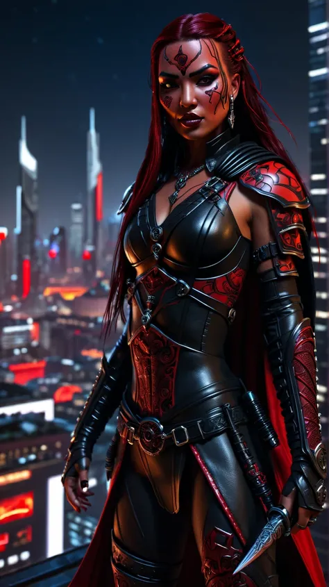 Photorealistic beautiful female sith warrior, with complete red skin and black tattoos on her face, with a peaceful smile on her face (open mouth:0.4), long dark red hair in (one) thick braid. She is wearing black shiny leather armour with a black cape wit...