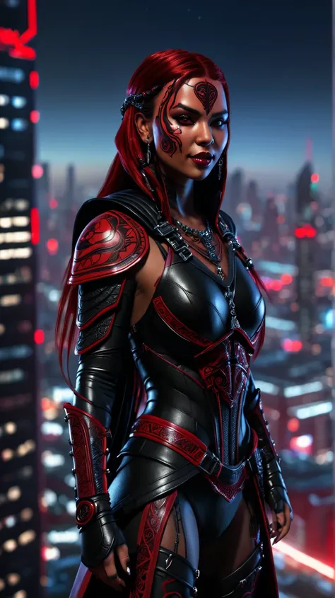 Photorealistic beautiful female sith warrior, with complete red skin and black tattoos on her face, with a peaceful smile on her face (open mouth:0.4), long dark red hair in (one) thick braid. She is wearing black shiny leather armour with a black cape wit...