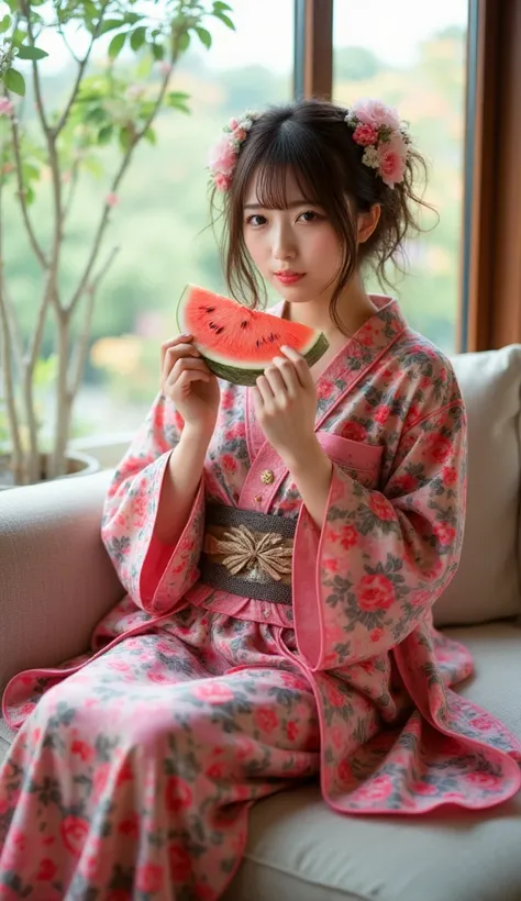 A hyperrealistic photograph of a beautiful, cute, and captivating Japanese woman sitting confidently on a comfortable sofa. She is dressed in a traditional pink and dark brown kimono-style outfit inspired by Nezuko Kamado from Demon Slayer, featuring intri...