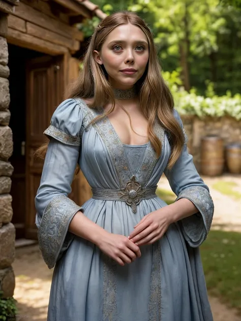 Hyper realistic super detailed sexy (Elizabeth Olsen:1.3) cute peasant woman, in small European village, (45 years), (detailed face and eyeull body portrait, , (extremely sexy), Masterpiece, pleasure, nudist, massive breasts, Full figured woman, expression...