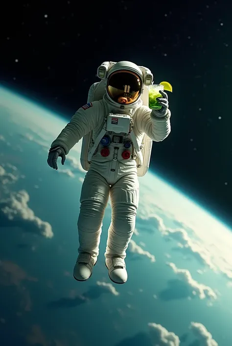 astronaut holds a mojito while floating in space