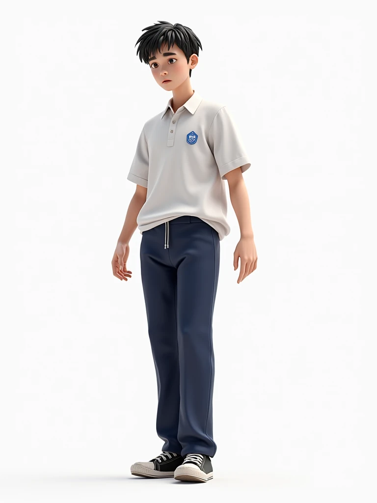 A teenage student, xiao zhang around , with a tall, slim build and pale skin. He has short black hair slightly covering his forehead, thick arched eyebrows, and large fearful eyes with dark brown irises. Wearing a white short-sleeve school shirt with a blu...