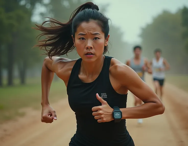 a woman that is running in a race, tiktok 4 k uhd image, half asian, gigapixel photo, haggard, watch photo, asian, black spandex, womans face