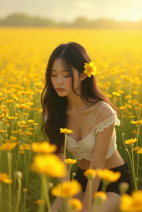 Young Asian woman with long straight black hair in white lace top and black shorts, kneeling in vibrant yellow rapeseed flower field, yellow flower tucked behind ear, golden hour backlight, peaceful expression looking down at flowers, dreamy spring atmosph...