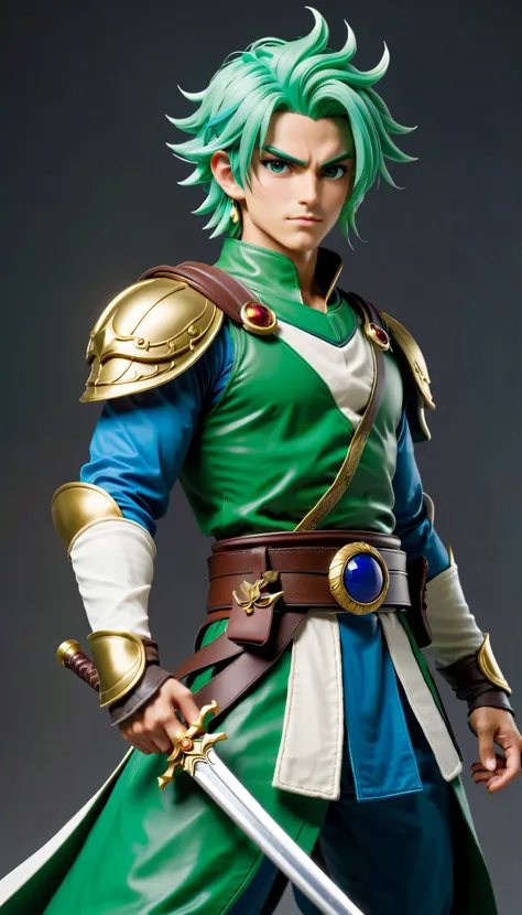 「 brave male hero ready for battle 。。Bundle your green hair at the back、 on his head Is wearing a gold headband inlaid with blue jewels。 and 、 has a spare weapon stored in a scabbard on his waist 。 wears an oval shield on his shoulder 、 makes me feel confi...