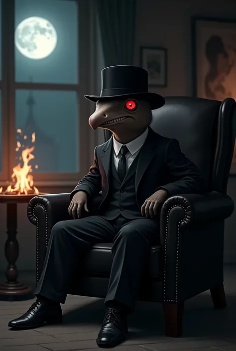  An original-size red-eyed platypus dressed in a black suit and black adventurers hat sitting on a long black leather armchair in the corner of a dark room next to the window and a campfire, In the window you can see the moon , He is looking straight ahead...