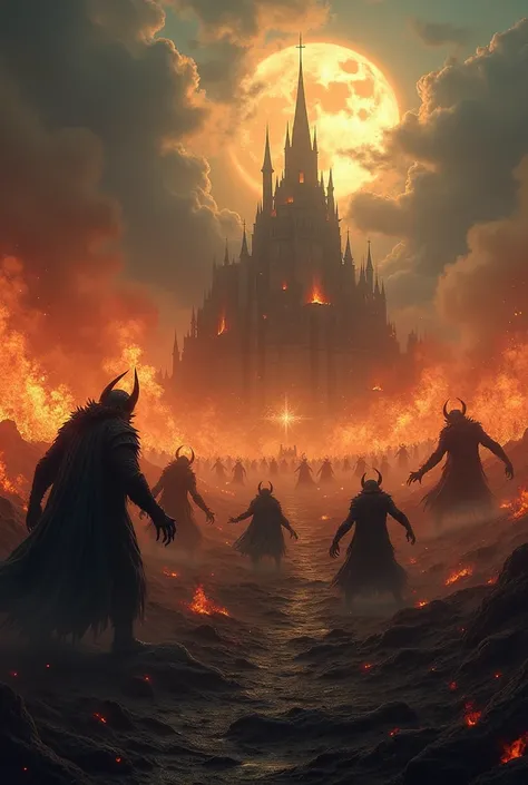 A big field with burning fires all around, dead bodies and fighting supernaturals, and a castle in the far that is being destroyed. High detail, Depth Of Field, dark sky,