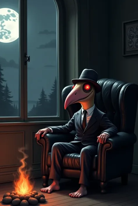  An original-size red-eyed platypus dressed in a black suit and black adventurers hat sitting on a long black leather armchair in the corner of a dark room next to the window and a campfire, In the window you can see the moon , He is looking straight ahead...