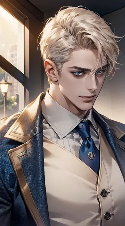 a mature man, very handsome, short grey golden hair, beautiful blue eyes, perfect detailed face, buttoning his jacket, CEO, smiling in love, cinematic lighting, 1:4 HDR, photorealistic, ultra detailed, 8K, best quality, masterpiece