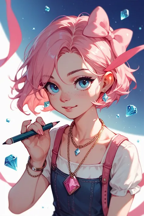 A young girl with a bright pink bow in her hair and a diamond necklace around her neck is holding a pencil in her hand.