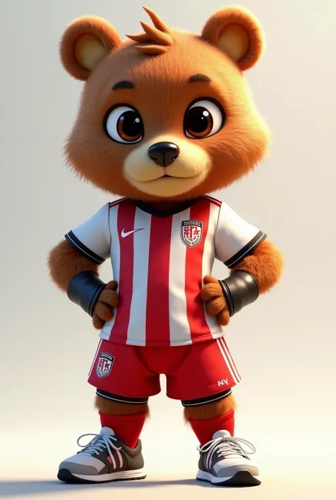 Create a detailed illustration of a humanized mascot that is a female bear (a feminine version of a bear) as a representative of a soccer team. The bear should have a serious expression, with her mouth closed, designed in the signature style of Disney Pixa...