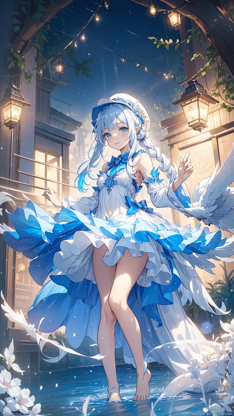  a girl , The Most Beautiful Woman in the World , Side seated , White hair, Long Bian , White hair,  blue eyes , ((( Barefoot in the water , Lightly dressed Lolita，Small hat， The dress has moving streamers ) )),  Deep Magical Forest ， Growing Neon Flowers ...