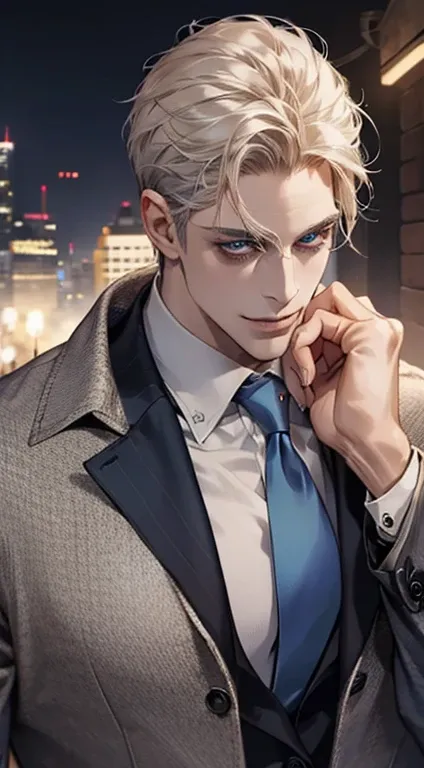 a mature man, very handsome, short grey golden hair, beautiful blue eyes, perfect detailed face, buttoning his jacket, CEO, smiling in love, cinematic lighting, 1:4 HDR, photorealistic, ultra detailed, 8K, best quality, masterpiece